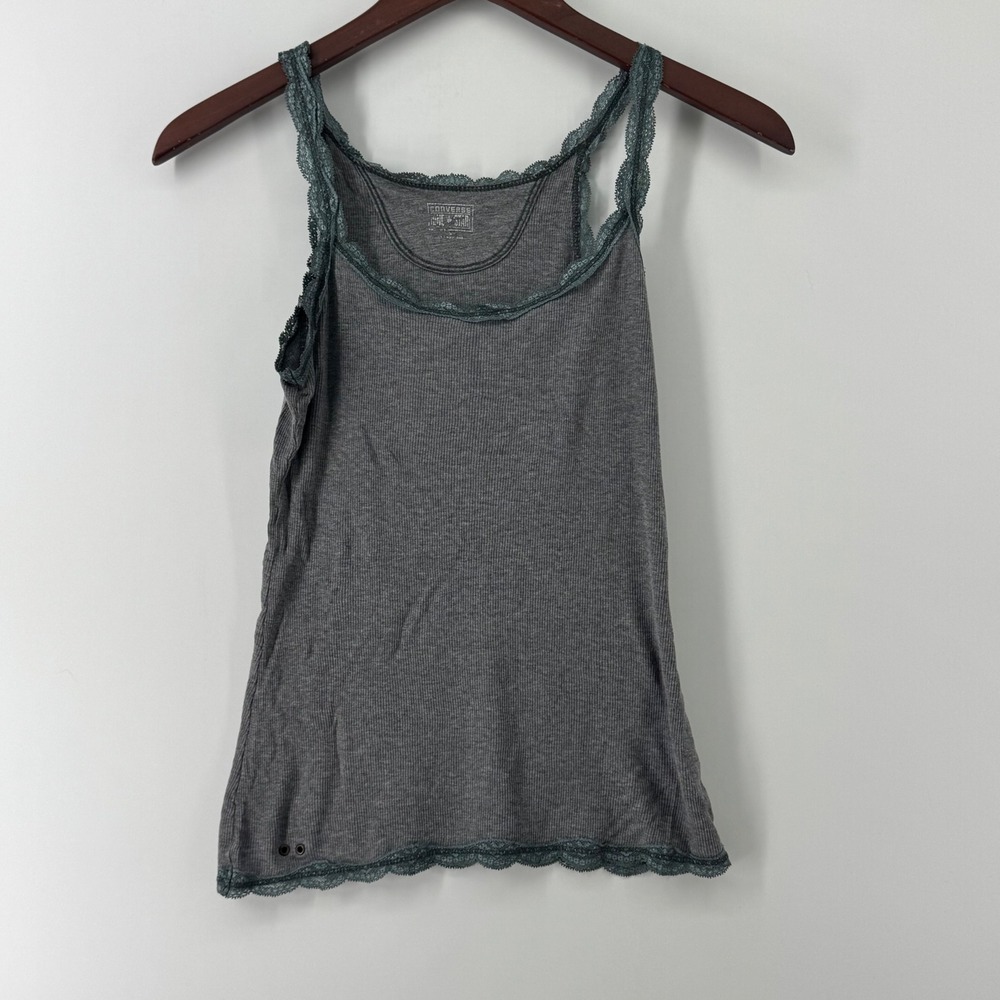Converse One Star Womens Gray Ribbed Lace Trim Scoop Neck Tank Top Size S